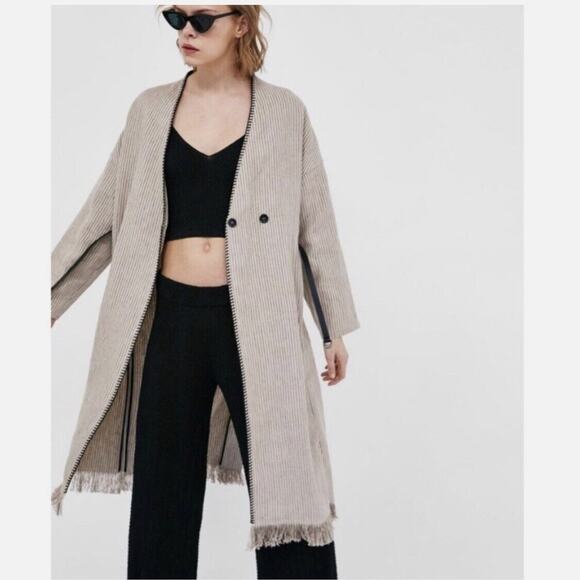 NWOT Zara Beige Linen Striped Fringe Trim Hem Midi Duster Wrap Coat Cardigan - Picture 1 of 16